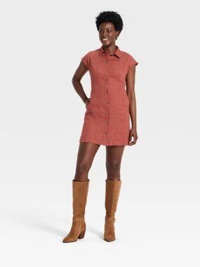 Women's Rust Button-Down Mini Shirt Dress Short Sleeve Collared A-Line Size S